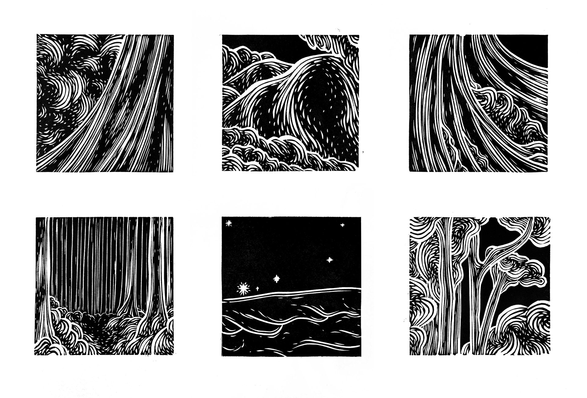 Landscape Fragments / linocut on Japanese Hosho paper / 10x10cm each